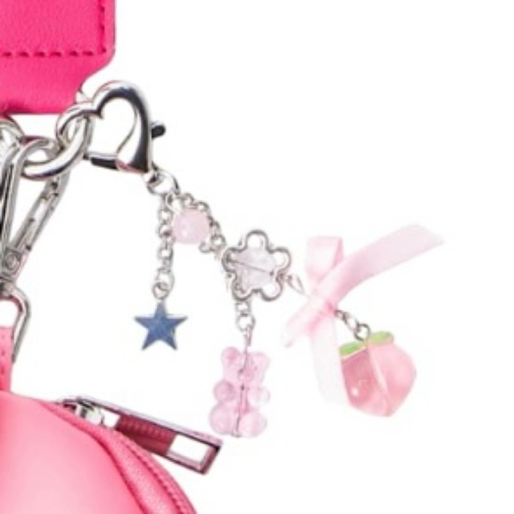 Double Purse Wristlet Keychain with Gummy Bear, Peach, Silver Heart, Bag Charm - Picture 11 of 12